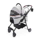 Grey pet stroller featuring 360-degree swivel wheels and ergonomic handle.