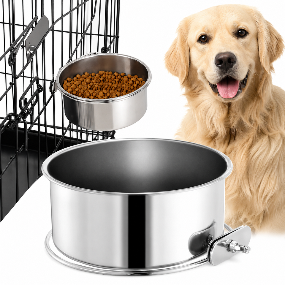 Secure dog crate bowl with clamp holder for cleaner feeding
