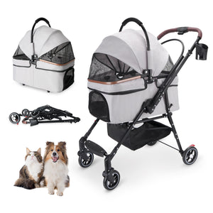 Foldable 4-wheel pet stroller for small dogs and cats with detachable carrier.