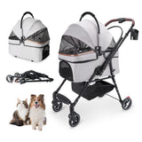 Foldable 4-wheel pet stroller for small dogs and cats with detachable carrier.