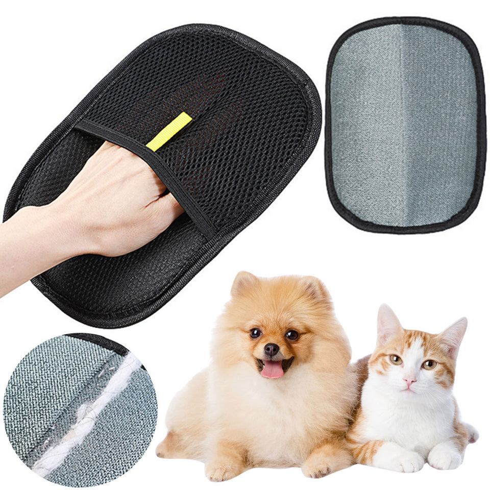 Pet grooming hair remover glove for dogs and cats with soft silicone bristles.