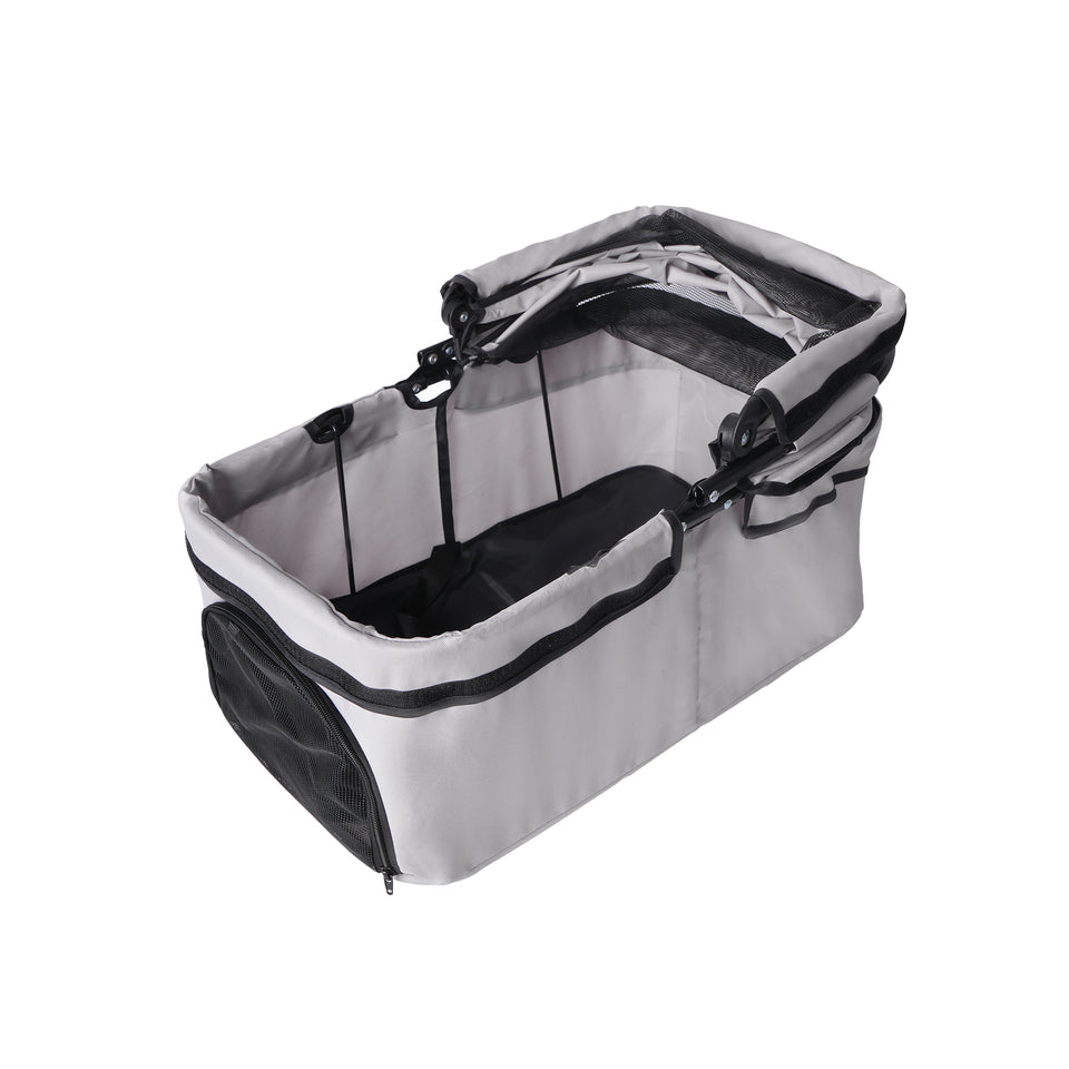 Smooth rolling pet stroller with 360° rotating front wheels and suspension.