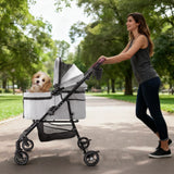 Adjustable canopy pet stroller providing sun and weather protection.