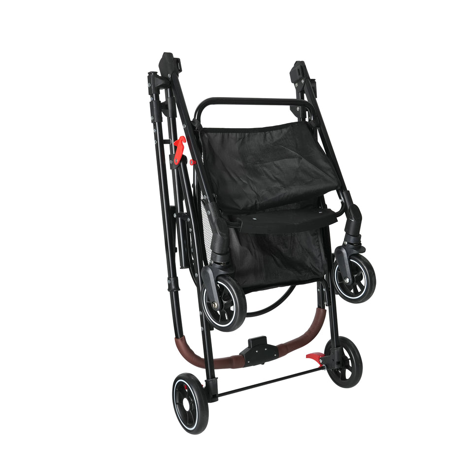 Large storage basket under pet stroller for pet supplies and personal items.